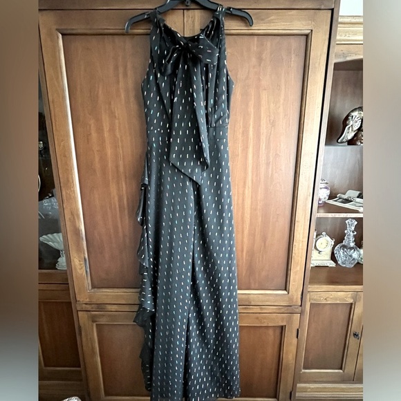 Betsy & Adam Metallic Chiffon Front Ruffle Slit Halter Neck Sleeveless Gown - Picture 9 of 16